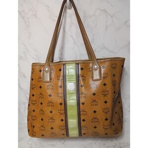 MCM Cognac Visetos Monogram Rare Green Stripe Limited Edition Liz Shopper Tote